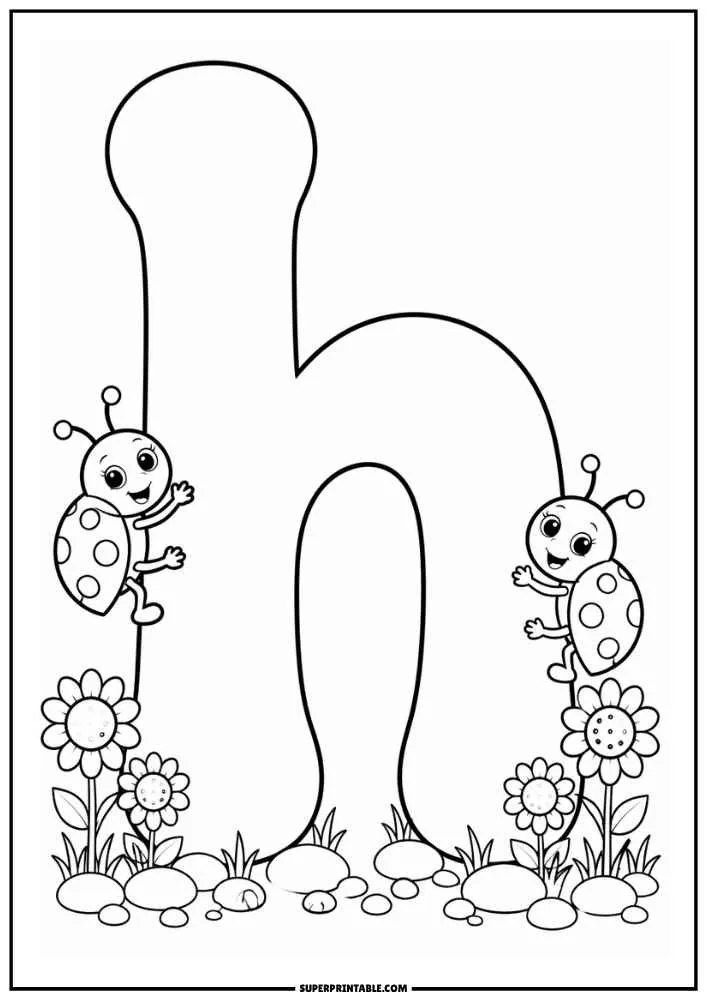 Lowercase letter h with two ladybugs, flowers, grass, and stones.