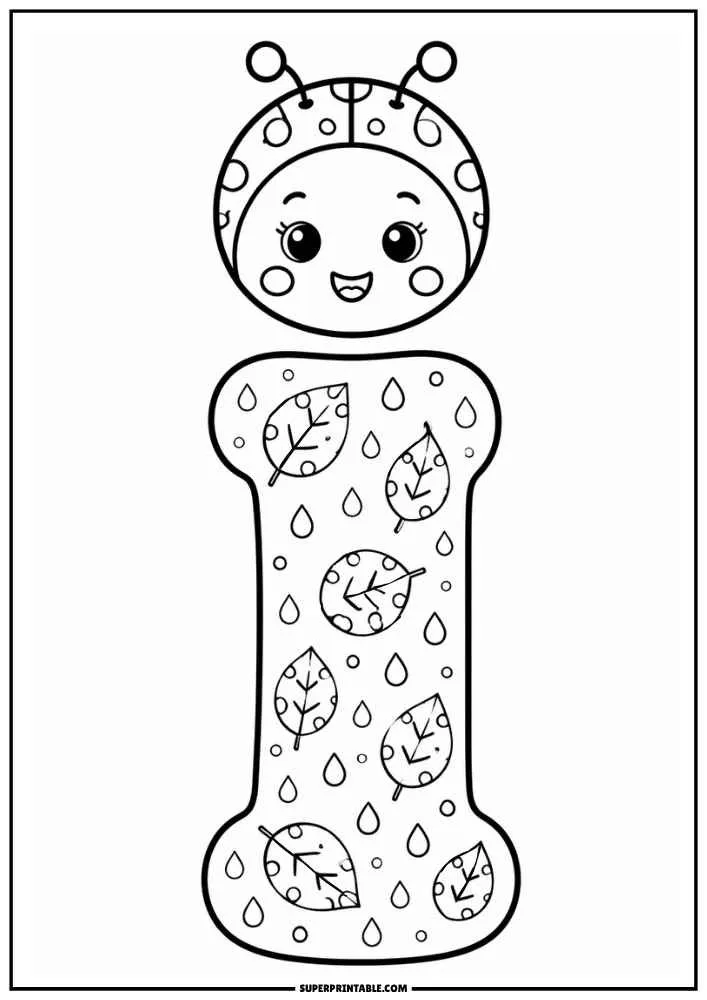 Lowercase letter i with a ladybug face, leaves, and raindrop patterns.