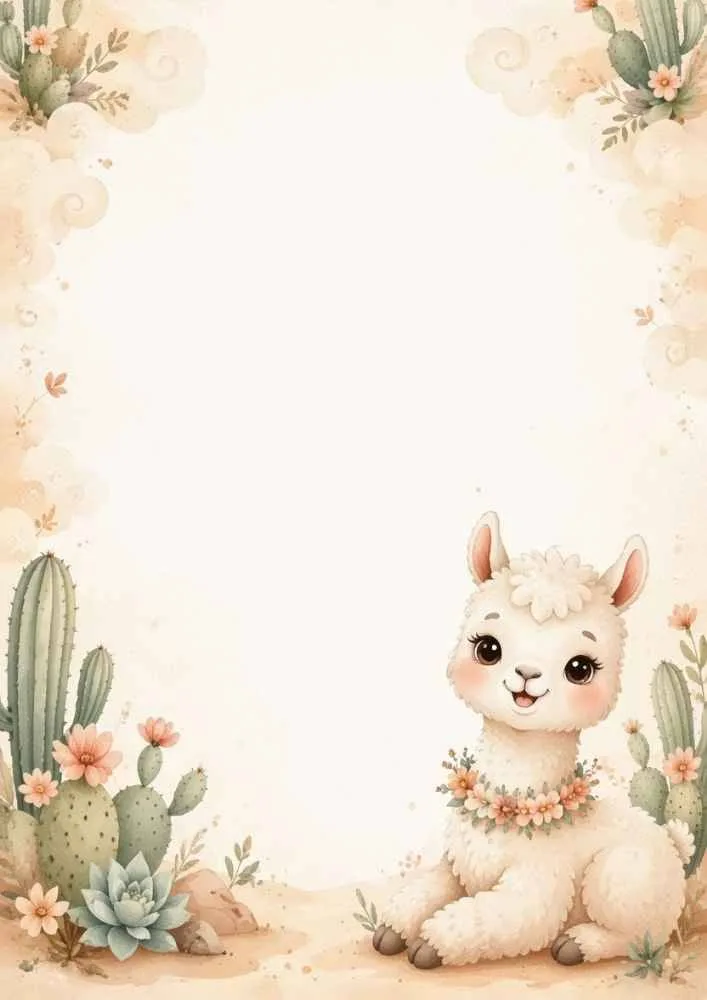 Cute llama sitting among cacti, flowers, and succulents in a decorative border frame.