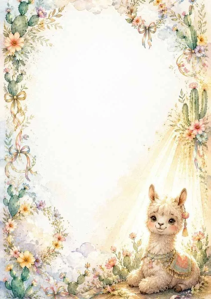 Llama inside a floral frame with flowers, cacti, and sunlight.