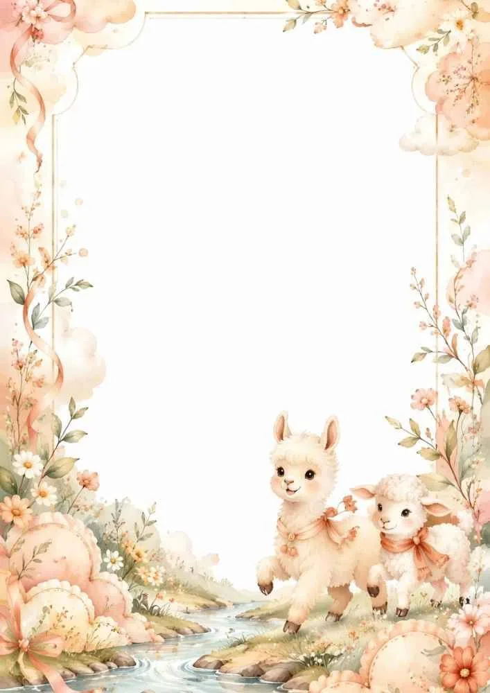 Llama and lamb walking near a stream inside a floral border.