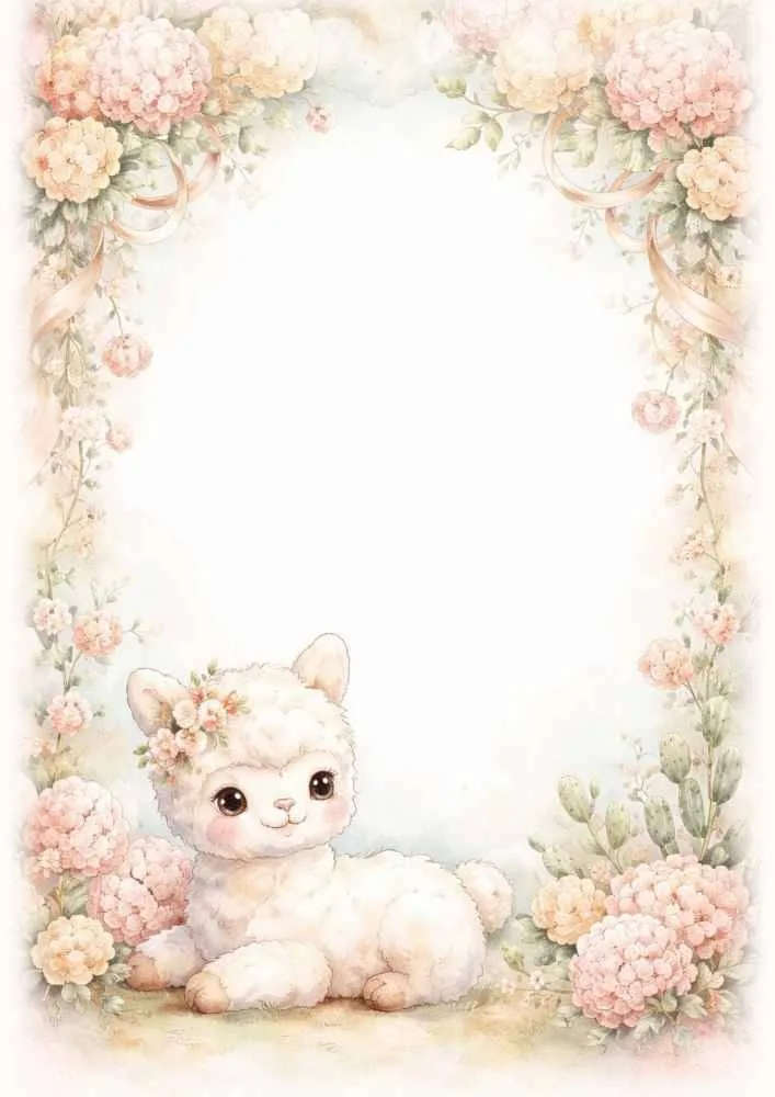 Cute alpaca with flower crown surrounded by pink flowers and floral frame.
