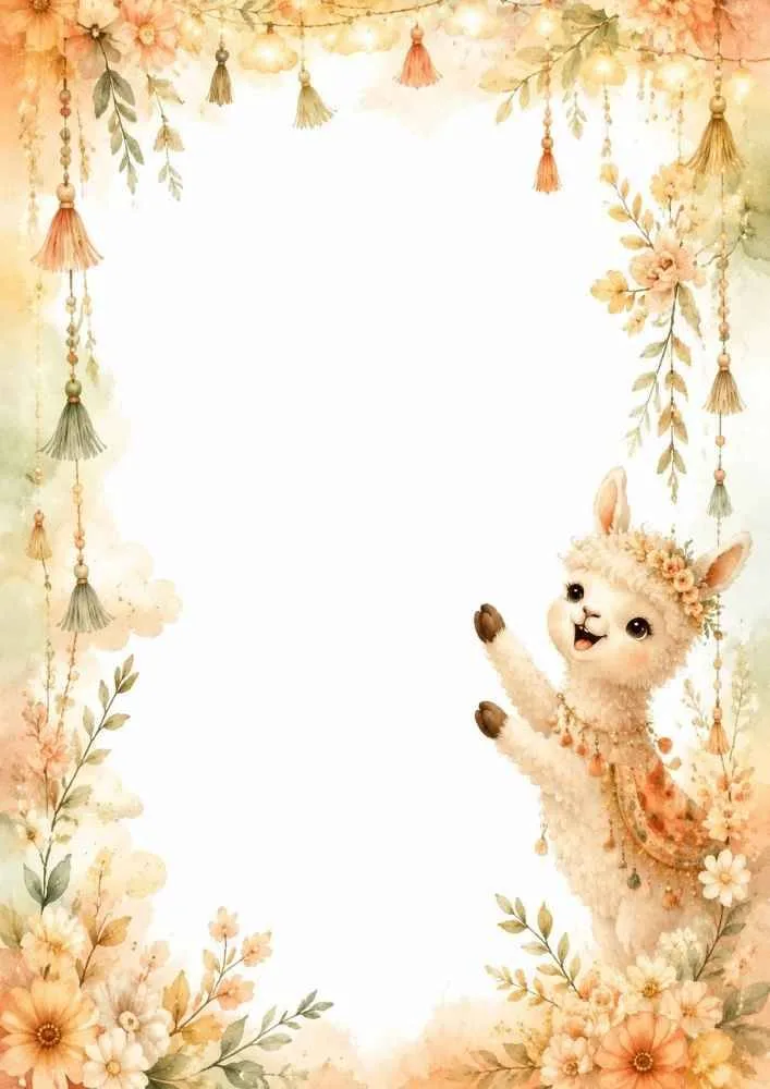Waving llama with flowers, tassels, and decorative border elements.