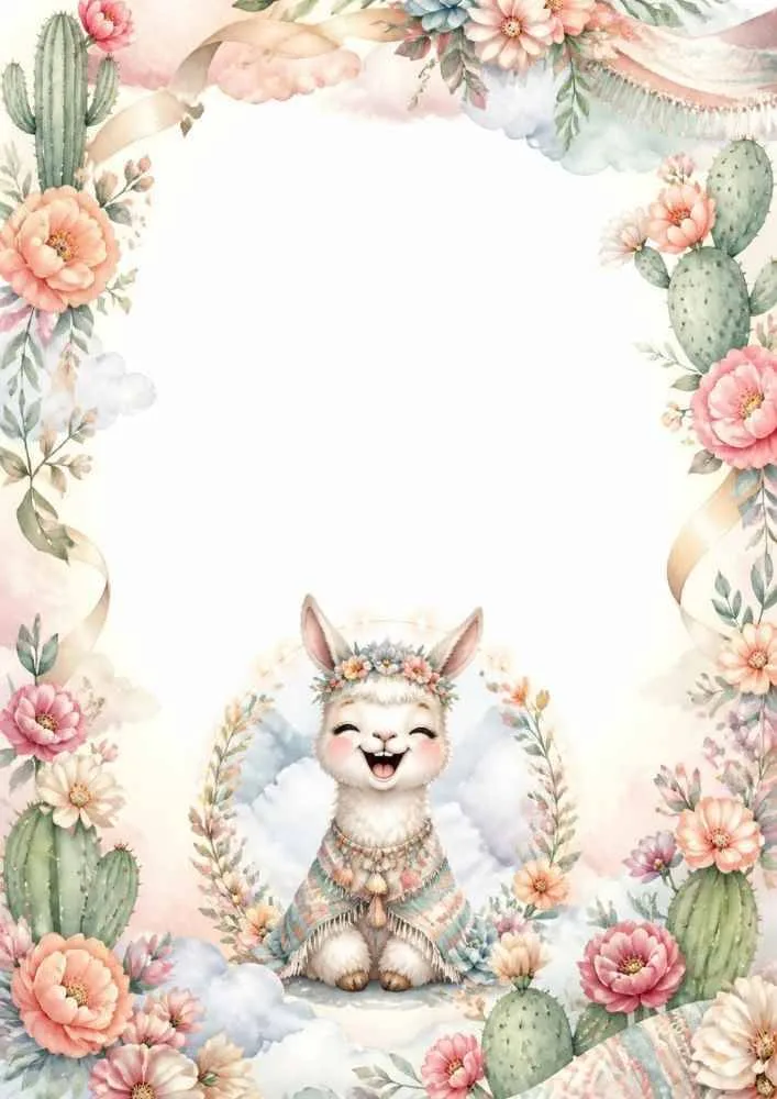 Smiling llama with flower crown surrounded by flowers and cacti.