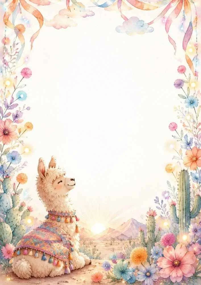 Llama facing sunrise with flowers, cacti, and desert scenery.