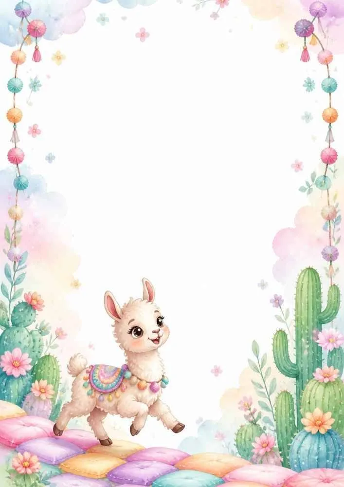 Playful llama walking on colorful pillows among flowers and cacti.
