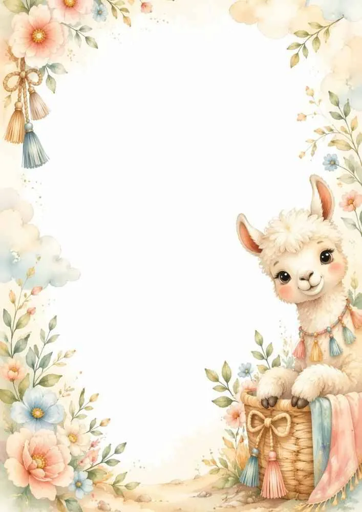 Llama sitting in a basket with flowers and leafy border decorations.