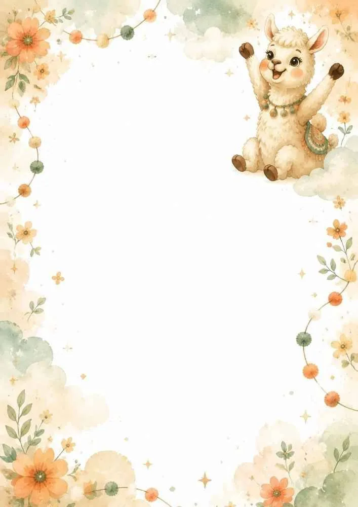 Happy llama with raised paws inside a floral decorative border.
