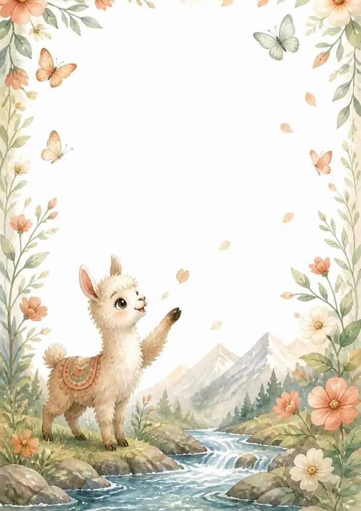 Llama near a river with mountains, butterflies, and floral border.