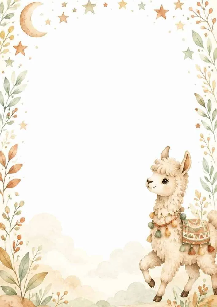 Llama with moon, stars, and leafy border around an open center space.