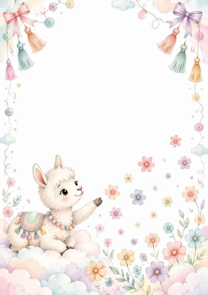 Llama on clouds with pastel flowers, bows, and hanging tassels.