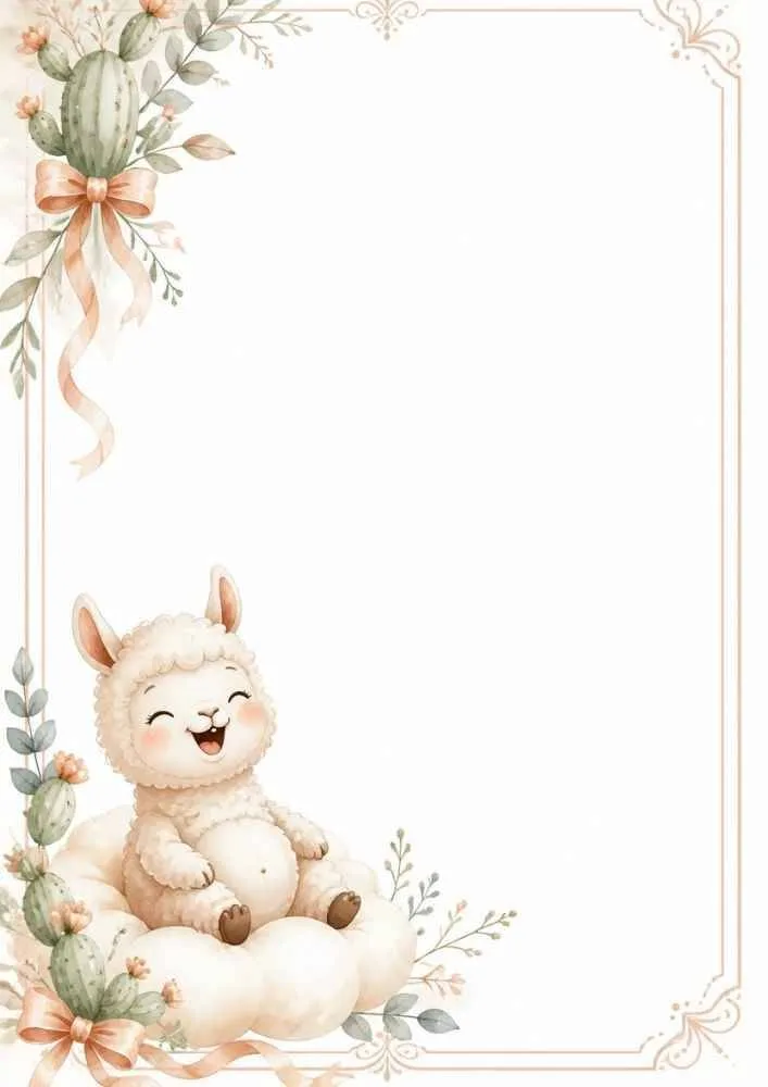 Smiling llama on a cloud with ribbons, flowers, and decorative border.