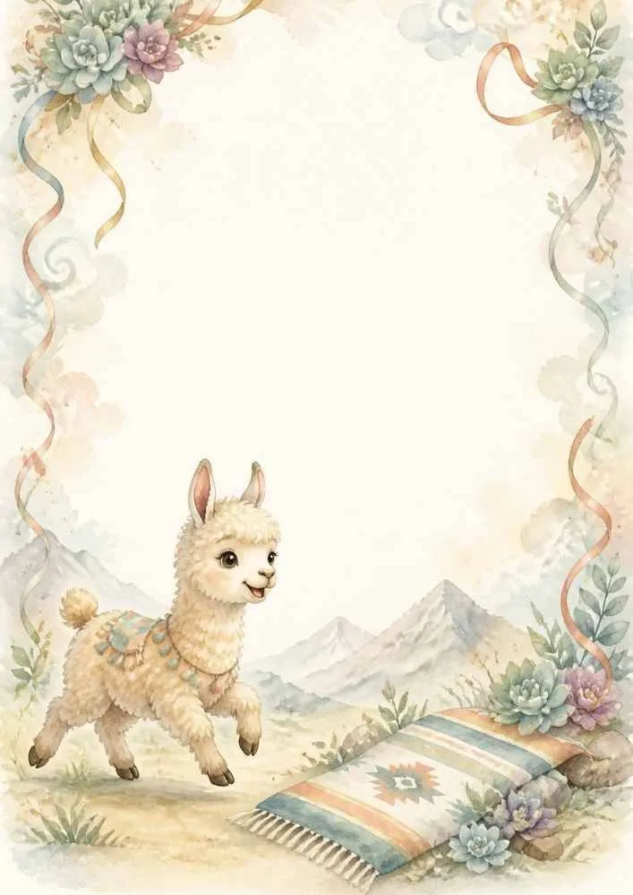 Llama near mountains with flowers, ribbons, and decorative page border.