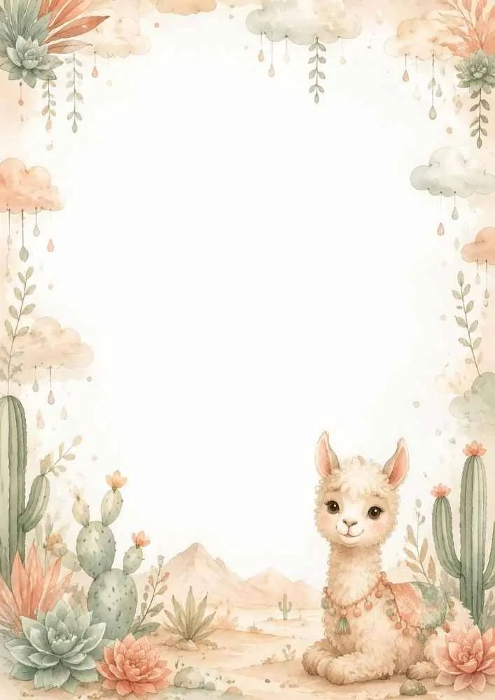 Sitting llama surrounded by cacti, flowers, clouds, and desert scenery.