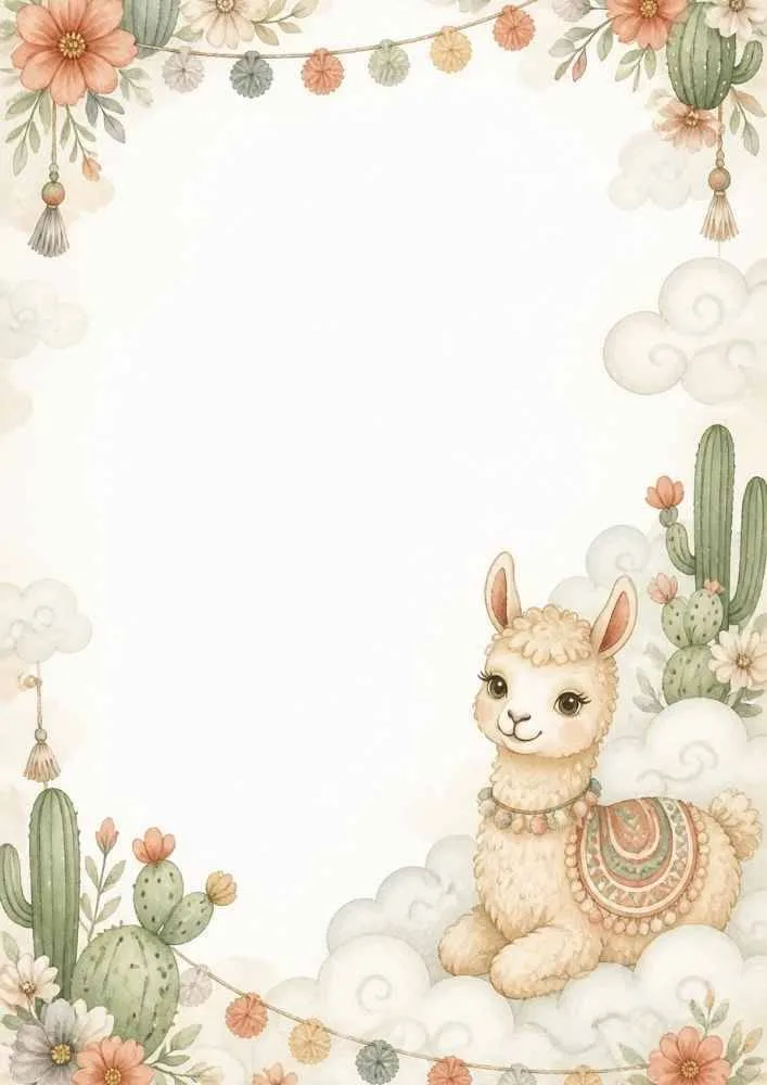 Llama on clouds with flowers, garlands, and cactus decorations.