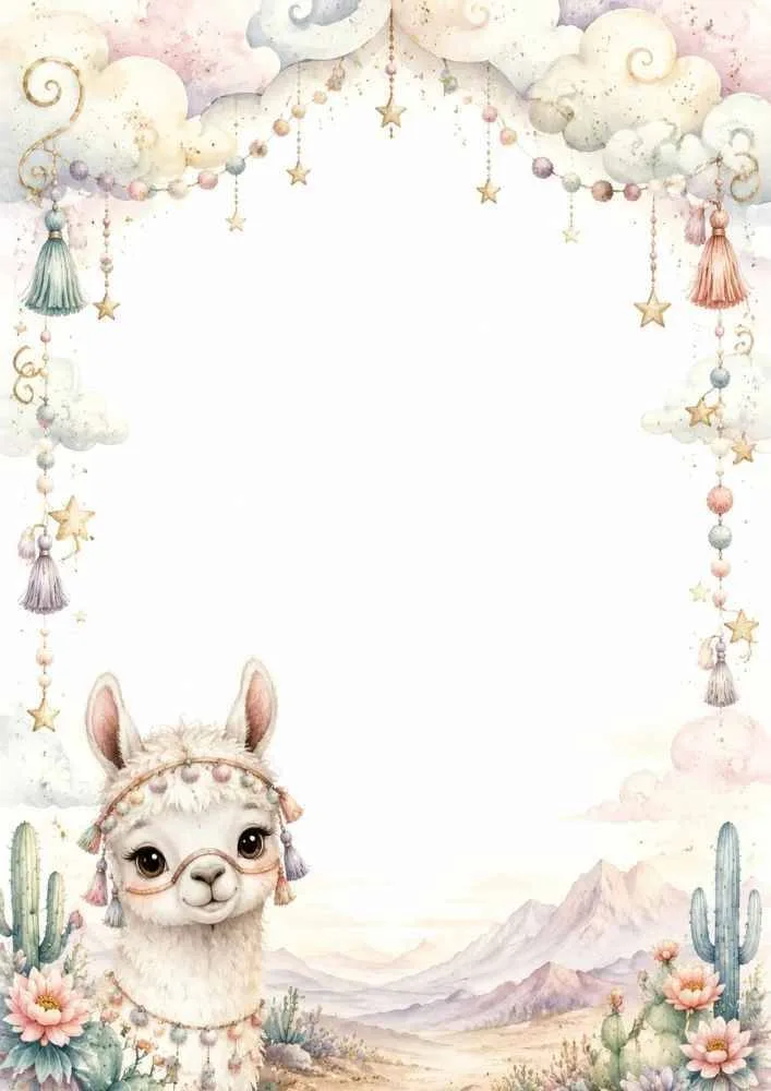 Llama with mountain background, clouds, stars, and decorative hanging ornaments.