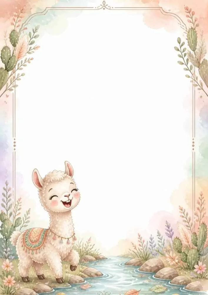 Smiling llama near a stream with flowers, rocks, and border decorations.