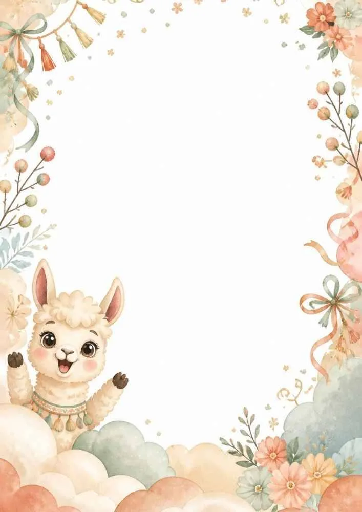 Llama peeking from clouds with flowers and ribbon decorations.
