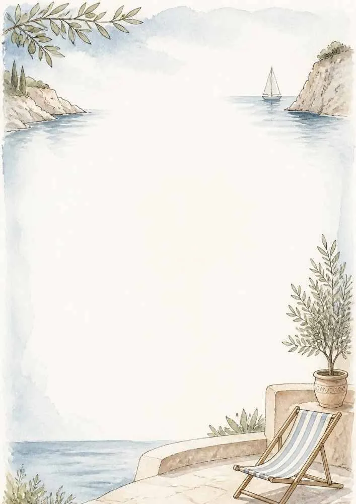 Soft seaside border with cliffs, sailboat, potted plant, striped chair, and open writing space.