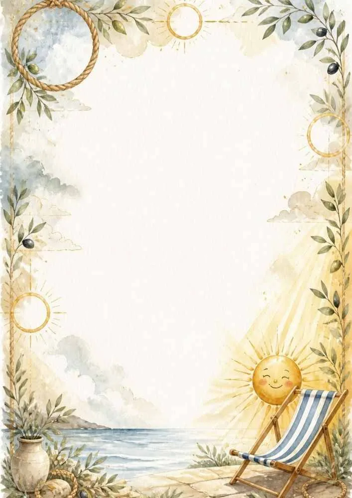 Smiling sun, beach chair, rope border, plants, and sea.