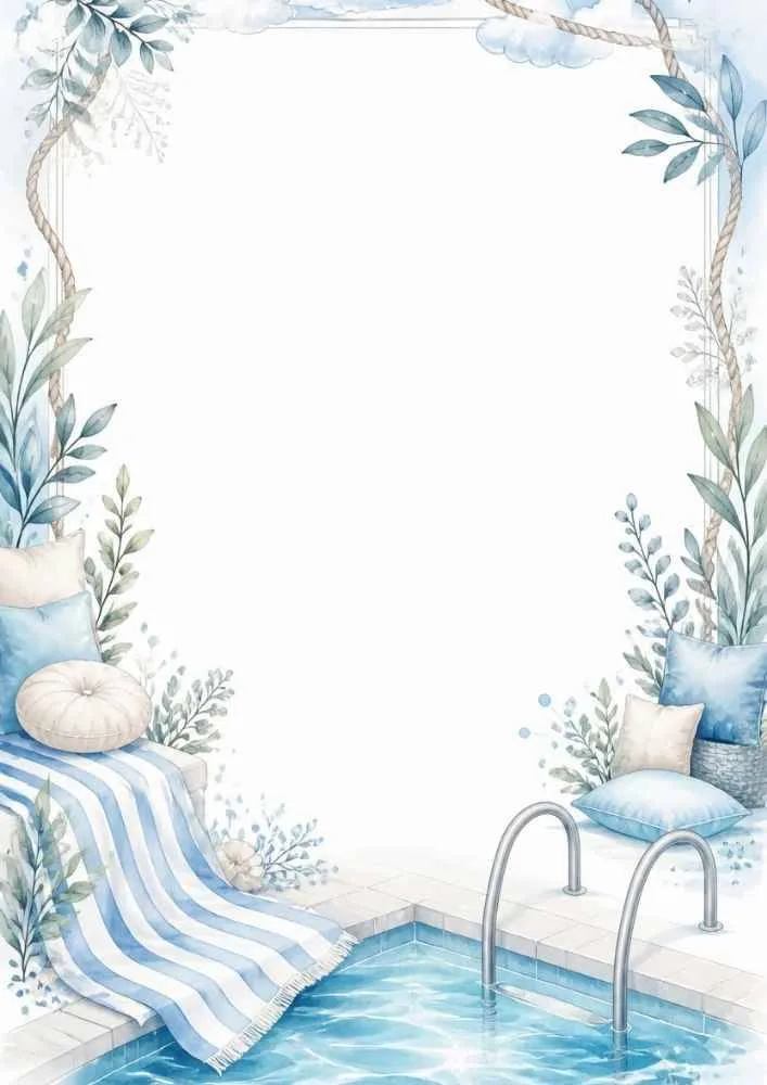 Pool with cushions, striped towel, plants, and decorative border.