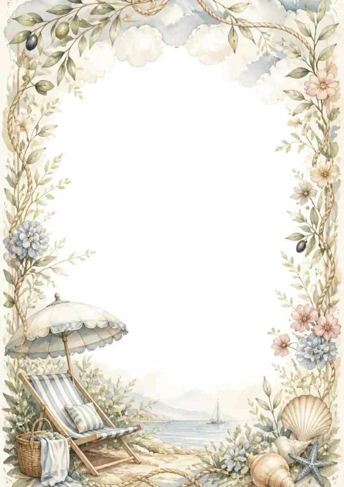 Beach chair, umbrella, shells, flowers, and seaside border.