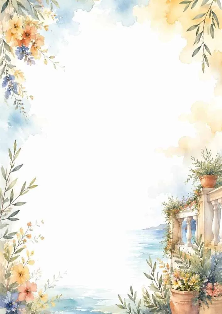 Floral border with seaside balcony, potted flowers, and ocean.