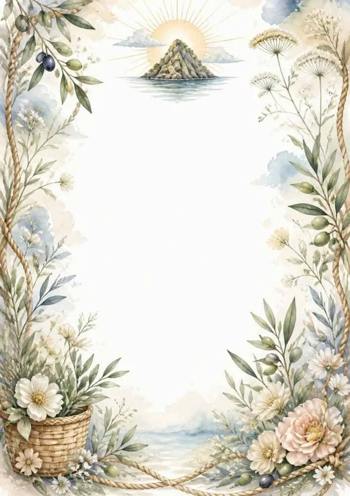 Floral border with island sunrise, rope, olive branches, and flowers.