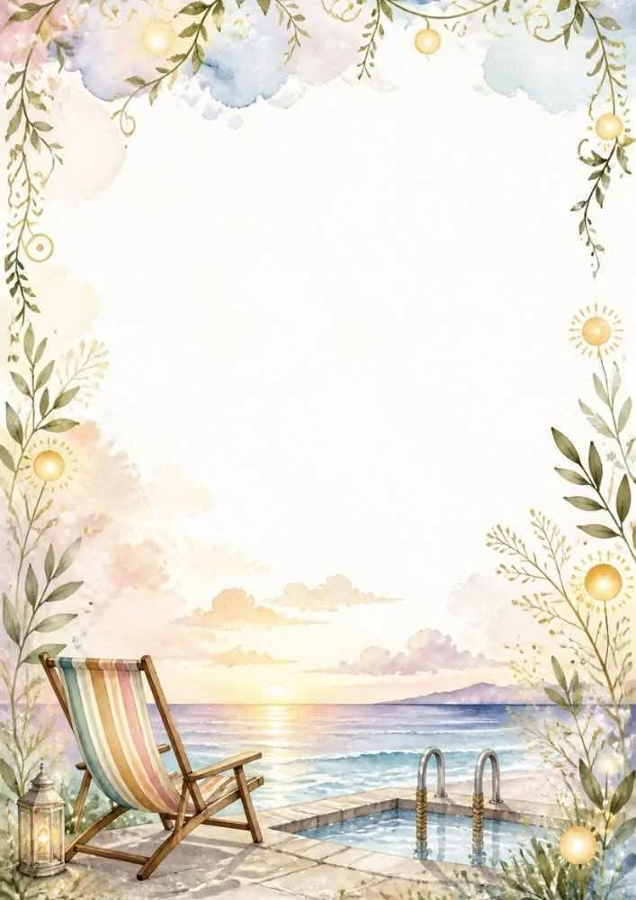 Sunset pool with beach chair, lights, plants, and ocean.