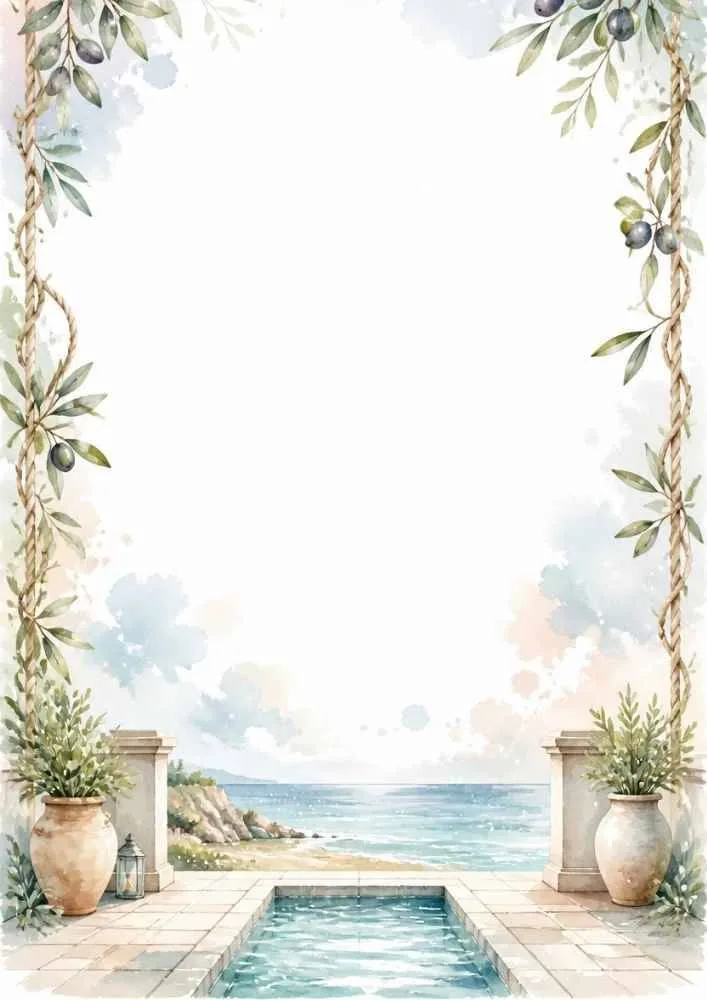 Courtyard pool with olive branches, pottery, and ocean.