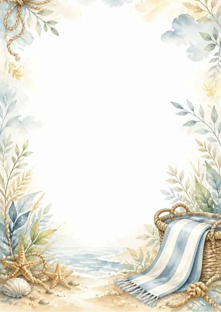 Basket, blanket, shells, starfish, plants, and beach border.