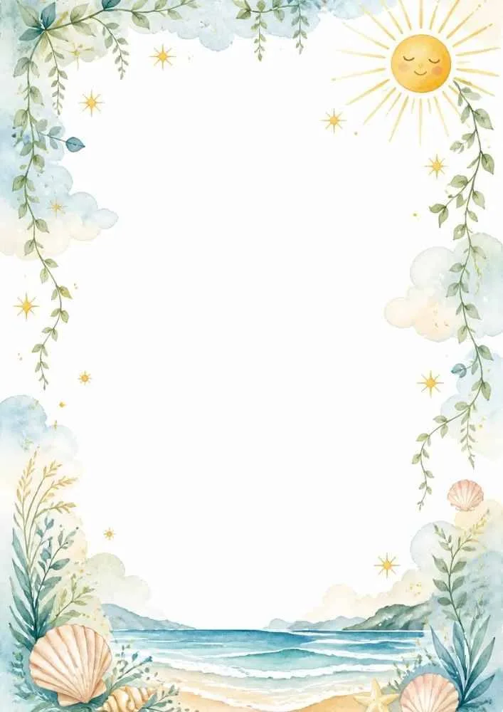 Smiling sun, seashells, waves, greenery, and beach border.
