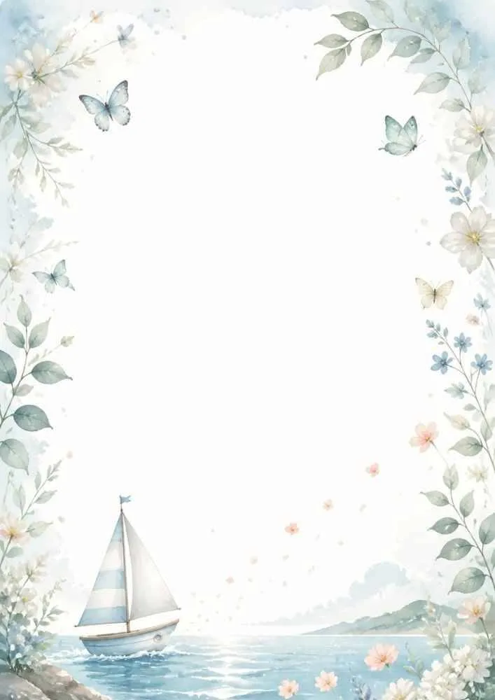 Butterflies, flowers, sailboat, leafy border, and calm sea.
