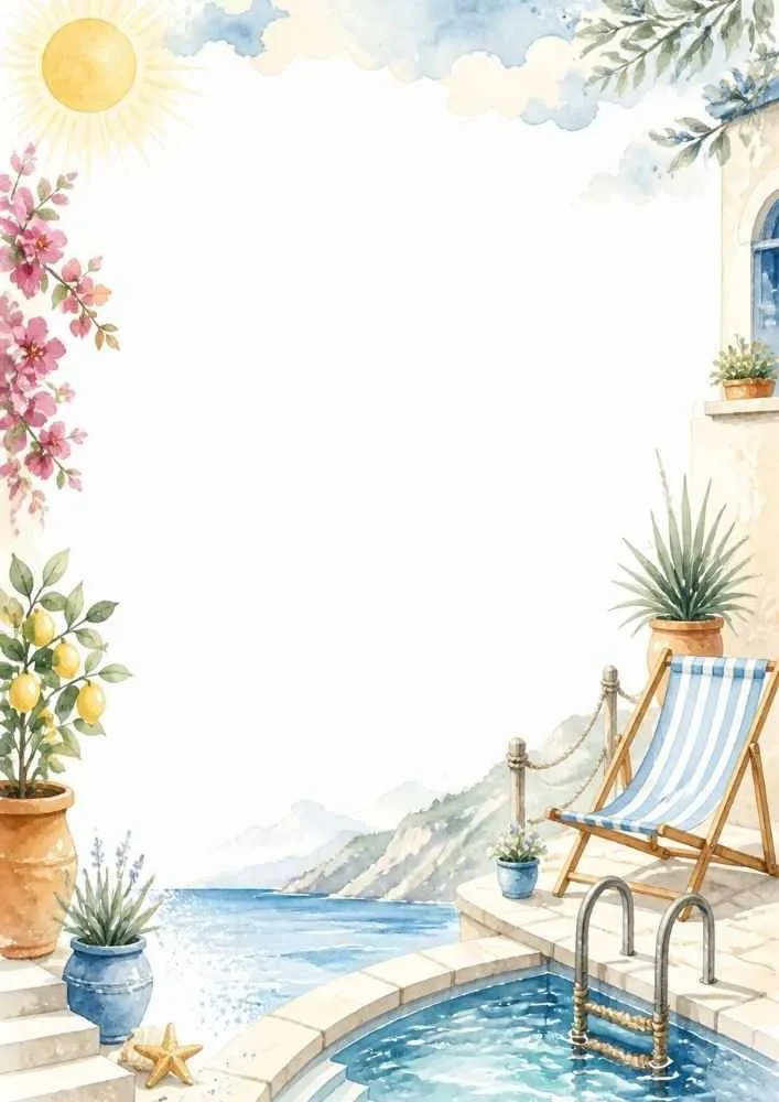 Poolside border with flowers, lemon tree, striped chair, sea, and sunny sky.