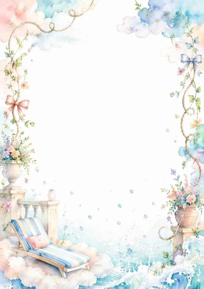 Pastel flowers, lounge chair, ribbons, and peaceful seaside border.