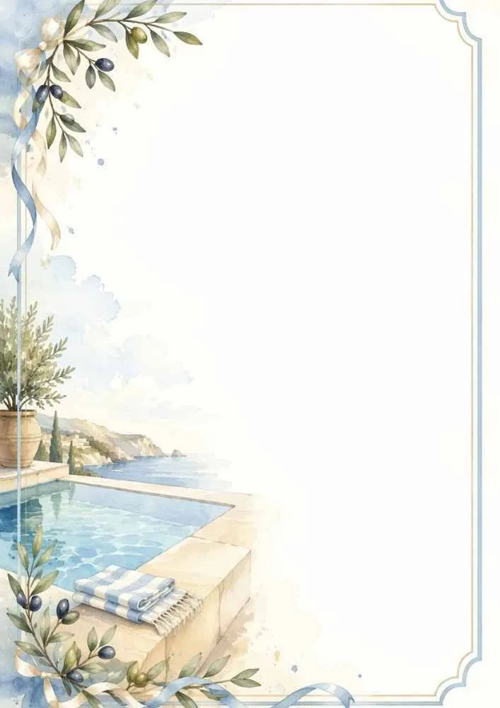 Olive branch border with ribbons, pool, folded towels, and coastal view.