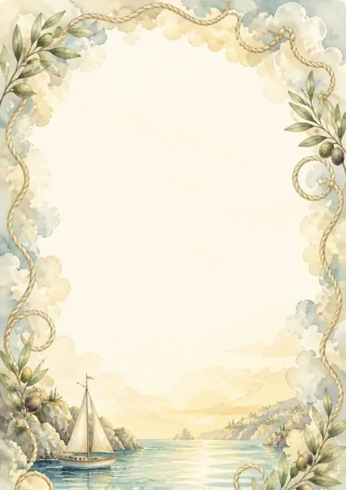 Rope border with sailboat, olive branches, clouds, and calm sea.