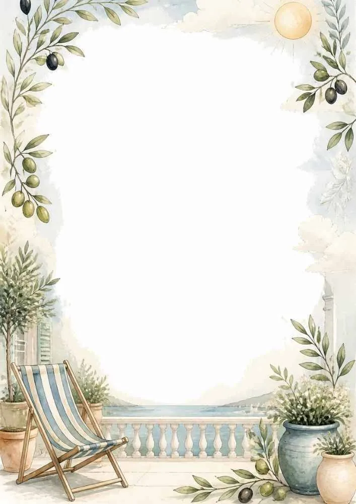 Seaside balcony with striped chair, olive plants, pottery, and ocean view.