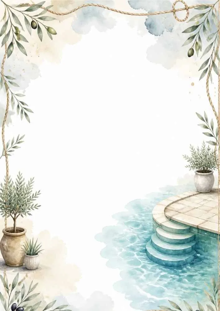 Pool border with stone steps, rope, potted plants, and blue water.
