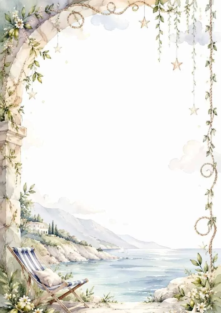 Stone arch with flowers, vines, chair, and coastal landscape.