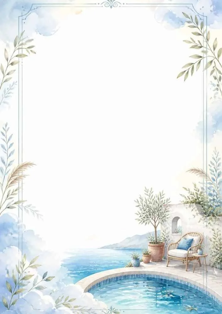 Pool patio with chair, plants, mountains, and decorative border.