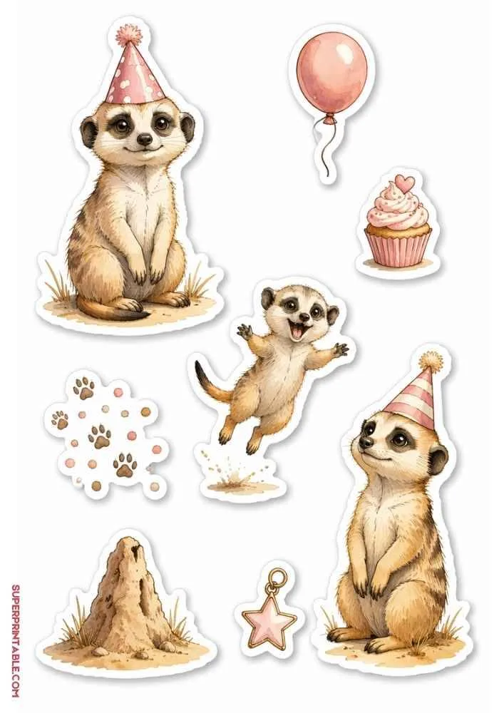 Meerkats in party hats with a balloon, cupcake, paw prints, star charm, and termite mound stickers.