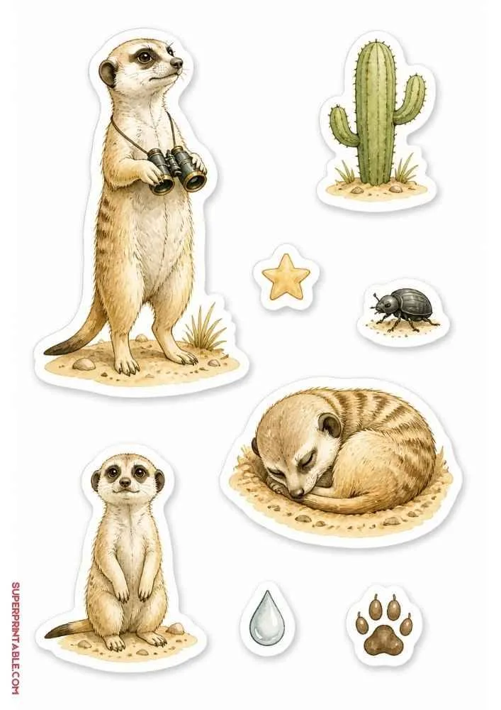 Meerkat with binoculars, cactus, beetle, sleeping meerkat, water drop, and paw print stickers.