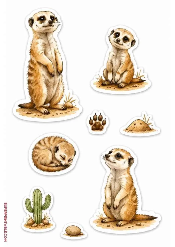 Standing and sleeping meerkats with cactus, sand mound, paw print, and rock stickers.
