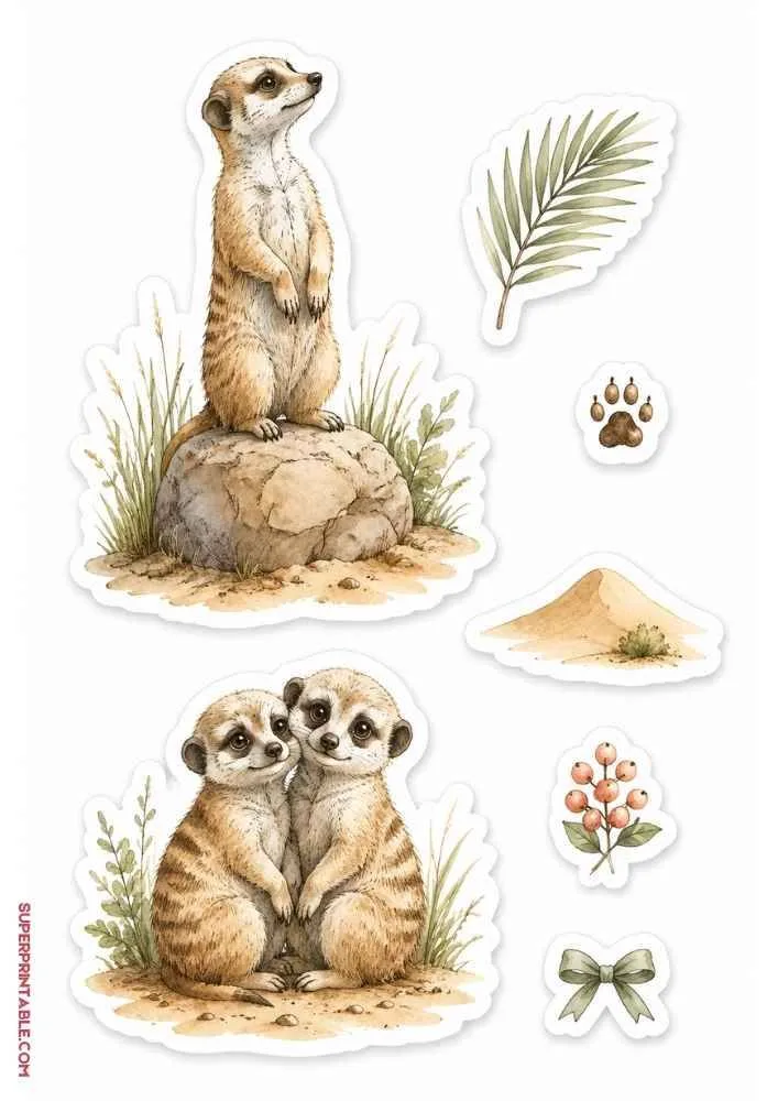 Meerkats on rocks with leaves, berries, footprints, sand mound, and bow stickers.