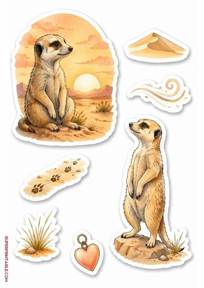 Meerkats, sunset scene, dunes, footprints, grass, wind swirl, and heart charm stickers.