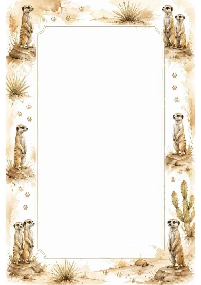 Meerkats, cactus, grass, paw prints, and a large blank center with a decorative border.