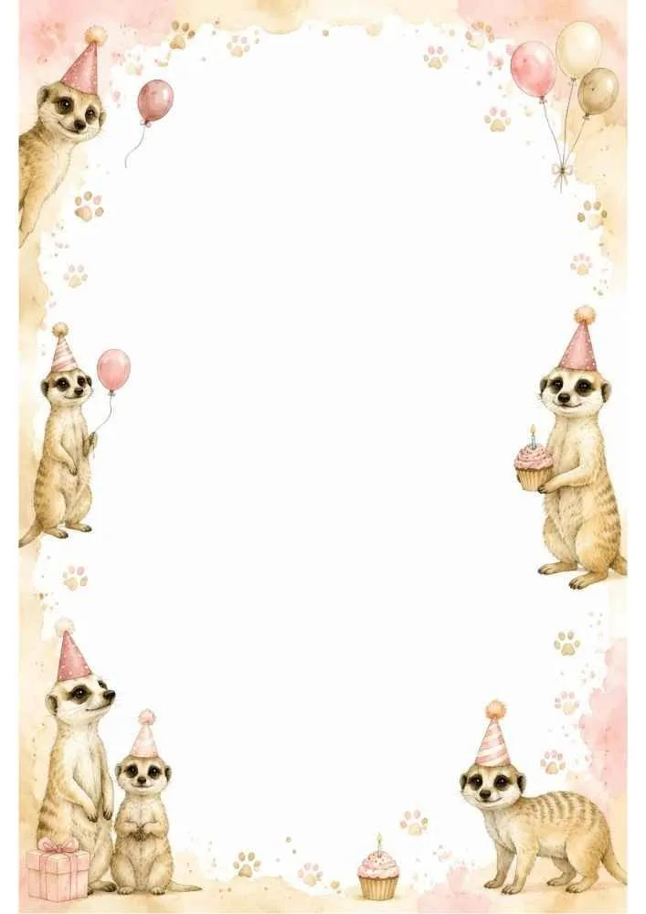 Party meerkats with balloons, cupcakes, gifts, and a blank center.