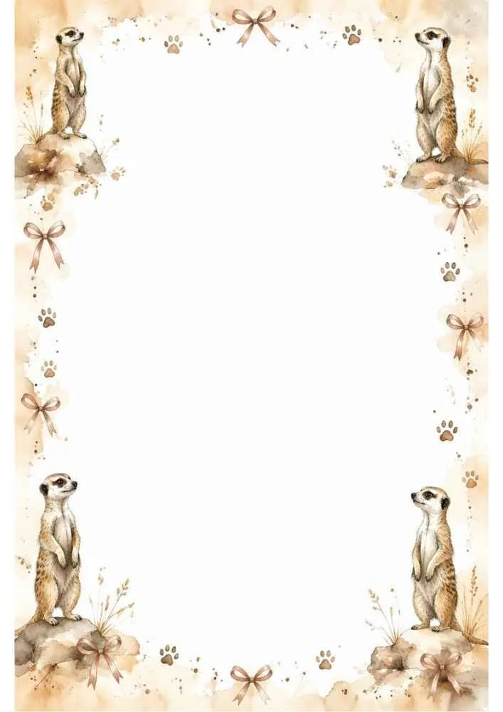 Standing meerkats with ribbons and paw prints around a blank center.