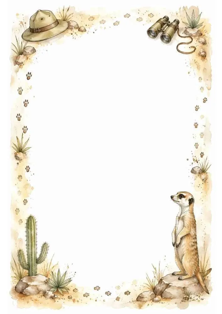 Safari hat, binoculars, cactus, meerkat, and a blank center.